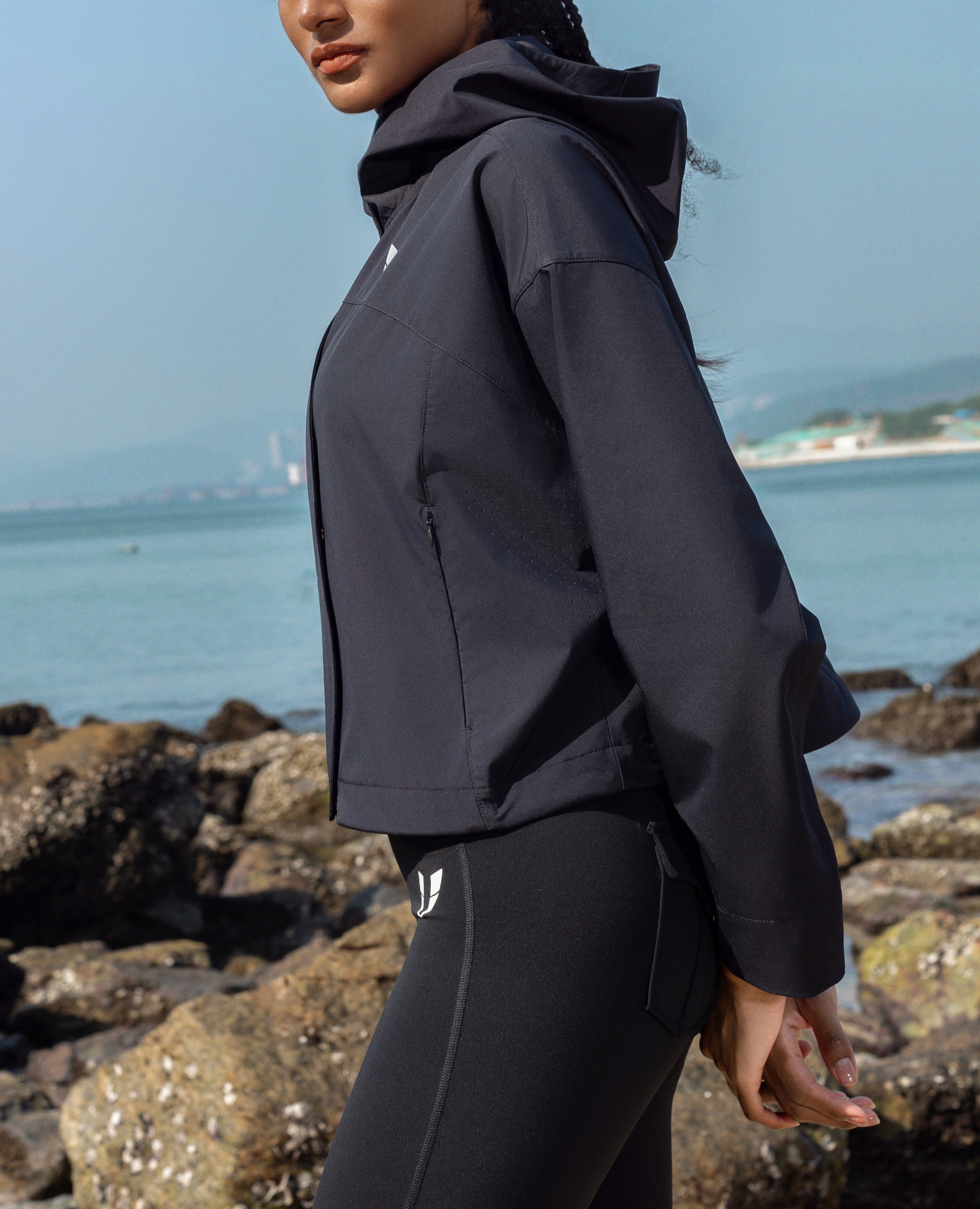 Loose Fit Workout Zip Drawstring Hoodie Jacket - Black