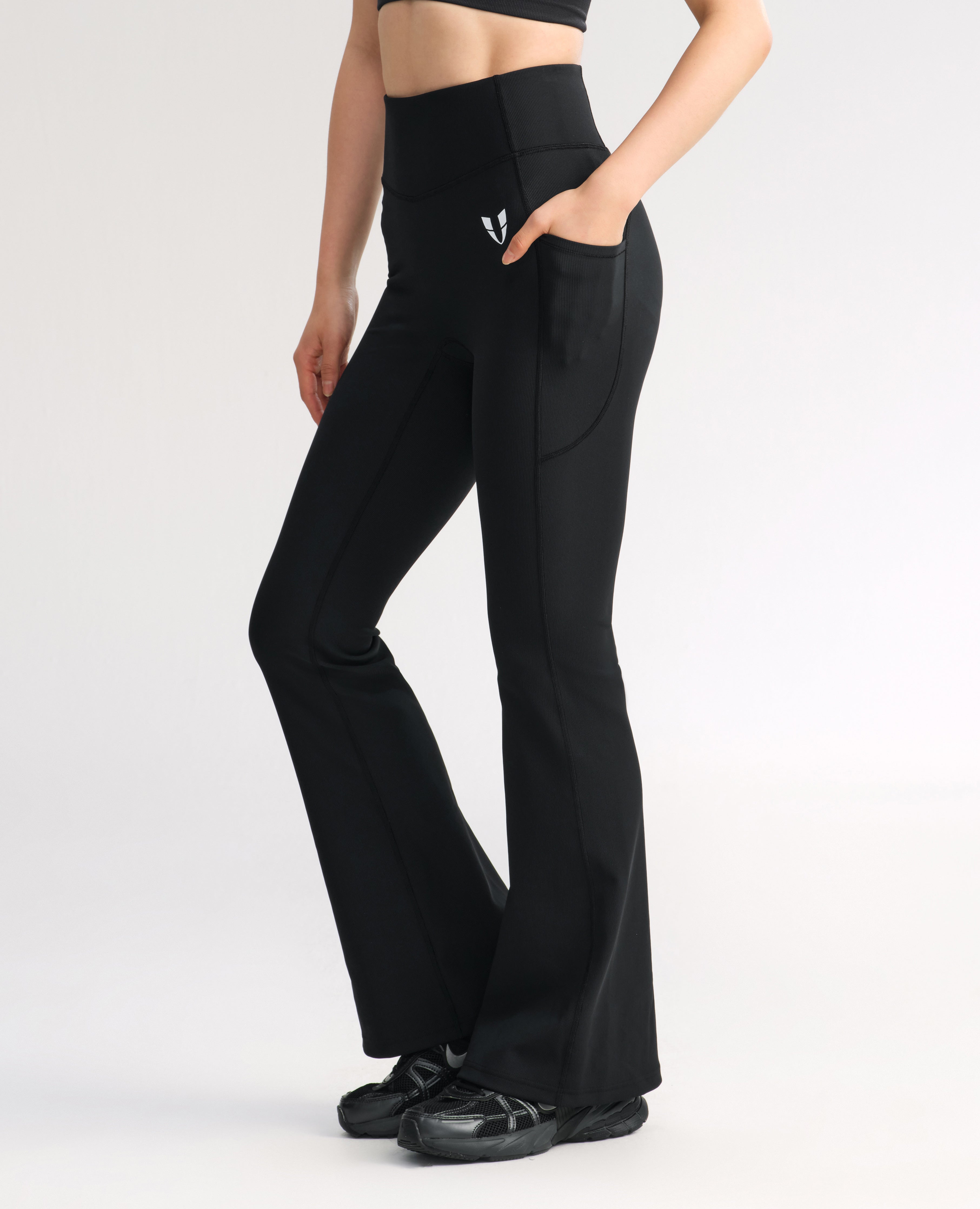 High Waisted Fleece Lined Flare Leggings - Black