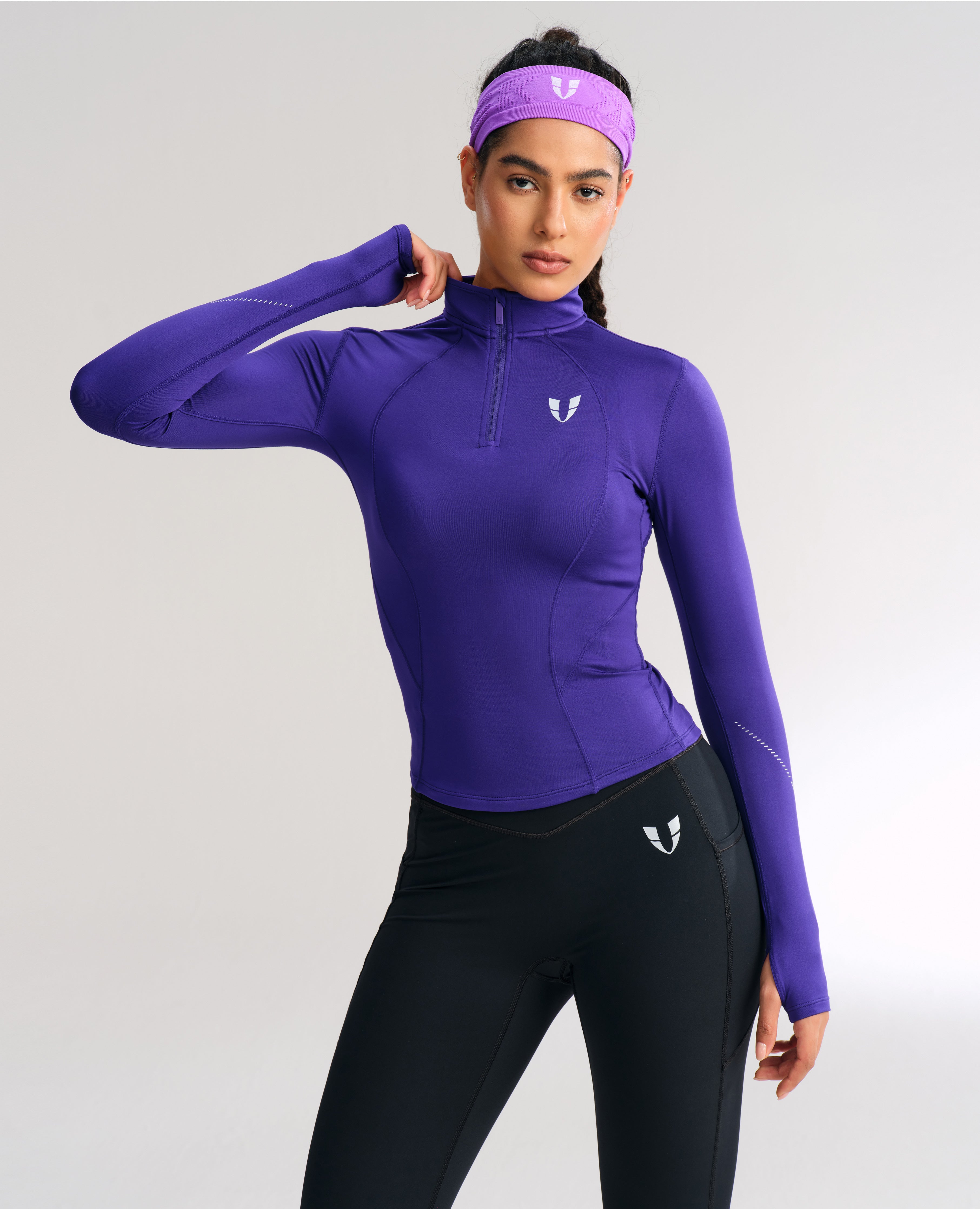 Slim Fit Fleece Half Zip Workout Top - Dark Purple