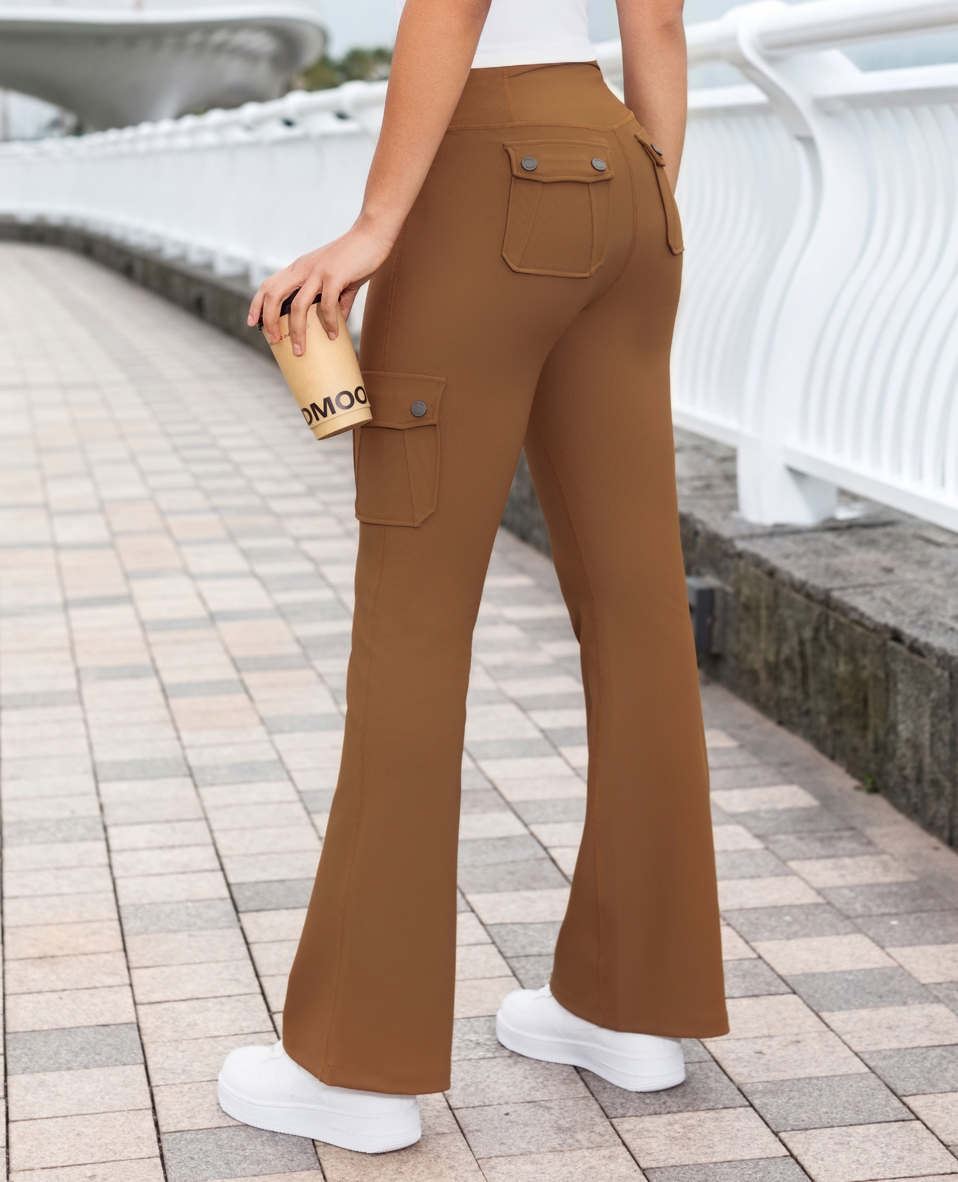 Athletic High Waisted Cargo Flare Leggings - Brown