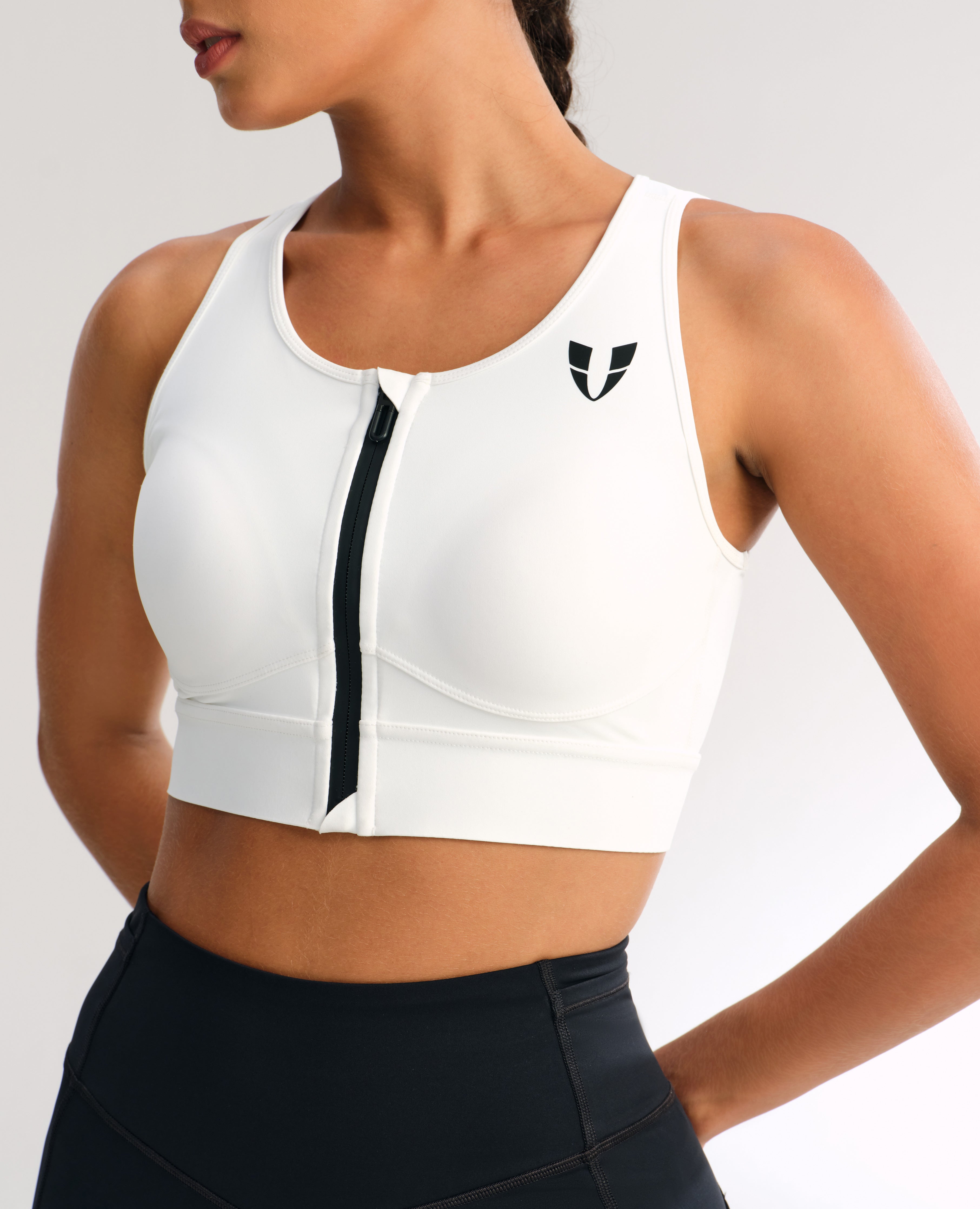 Zip Front High Support Sports Bra - White