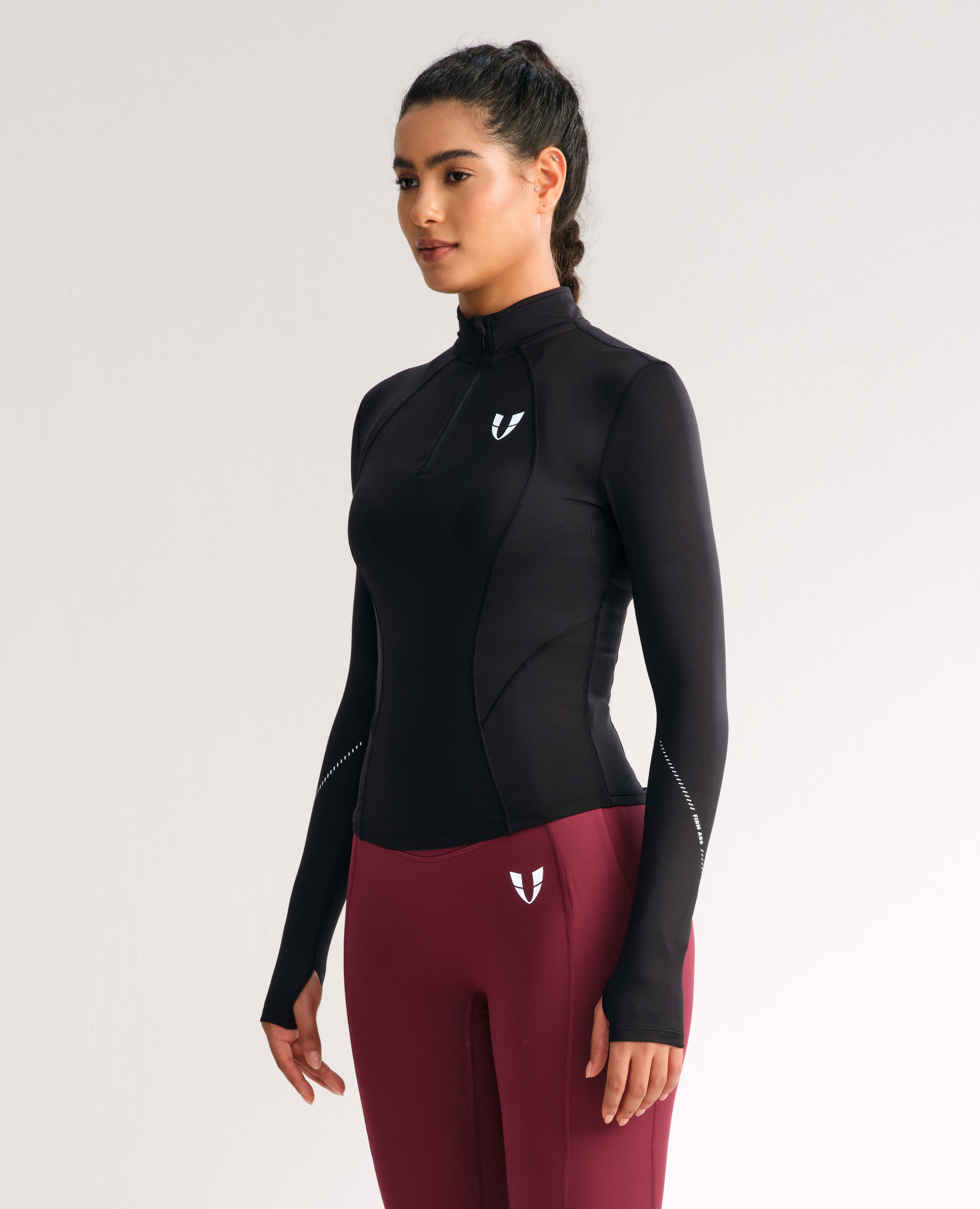 Women's Slim Fit Fleece Half Zip Workout Top Black | Gym