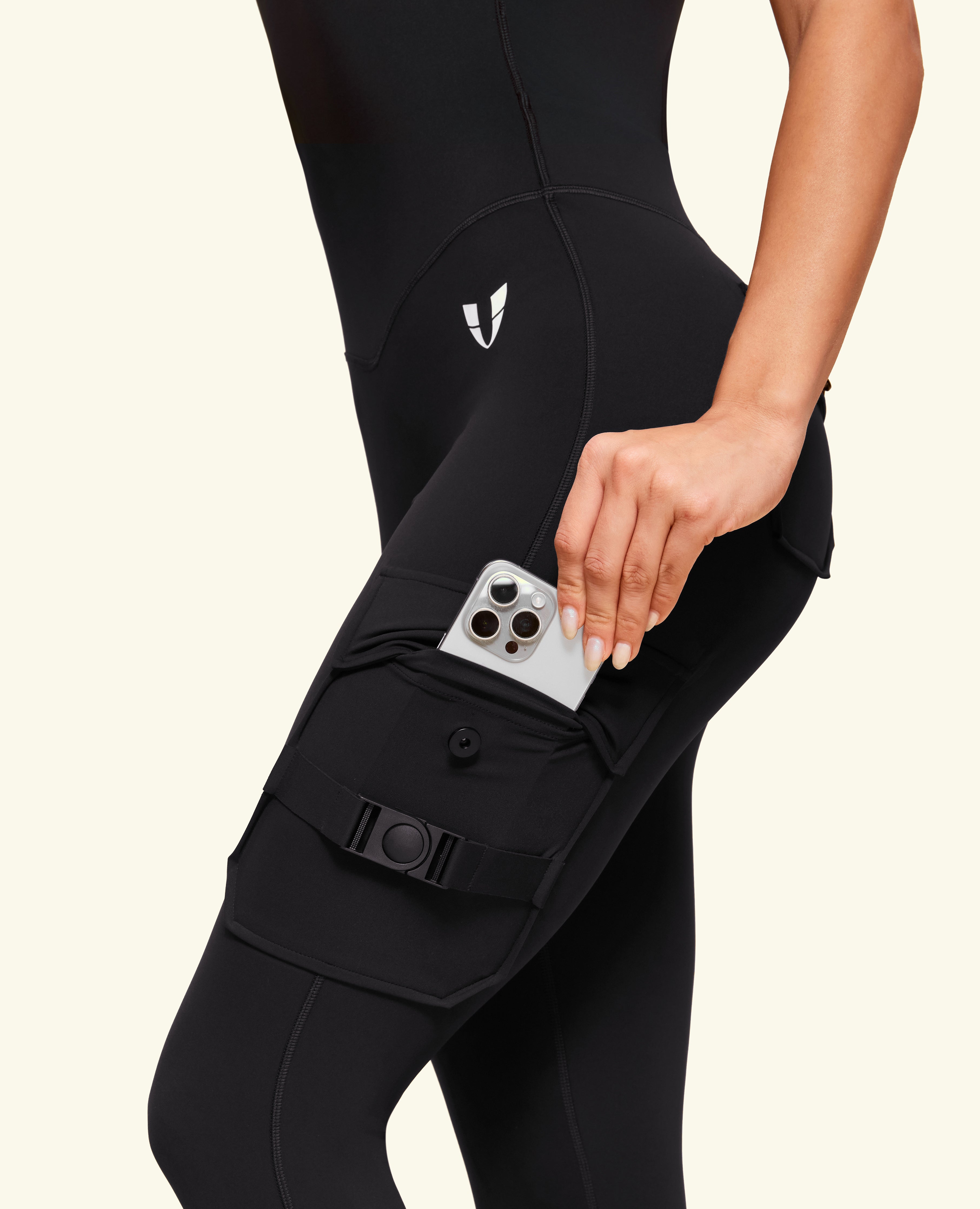 One Shoulder Pocket Long Bodysuit  - Black