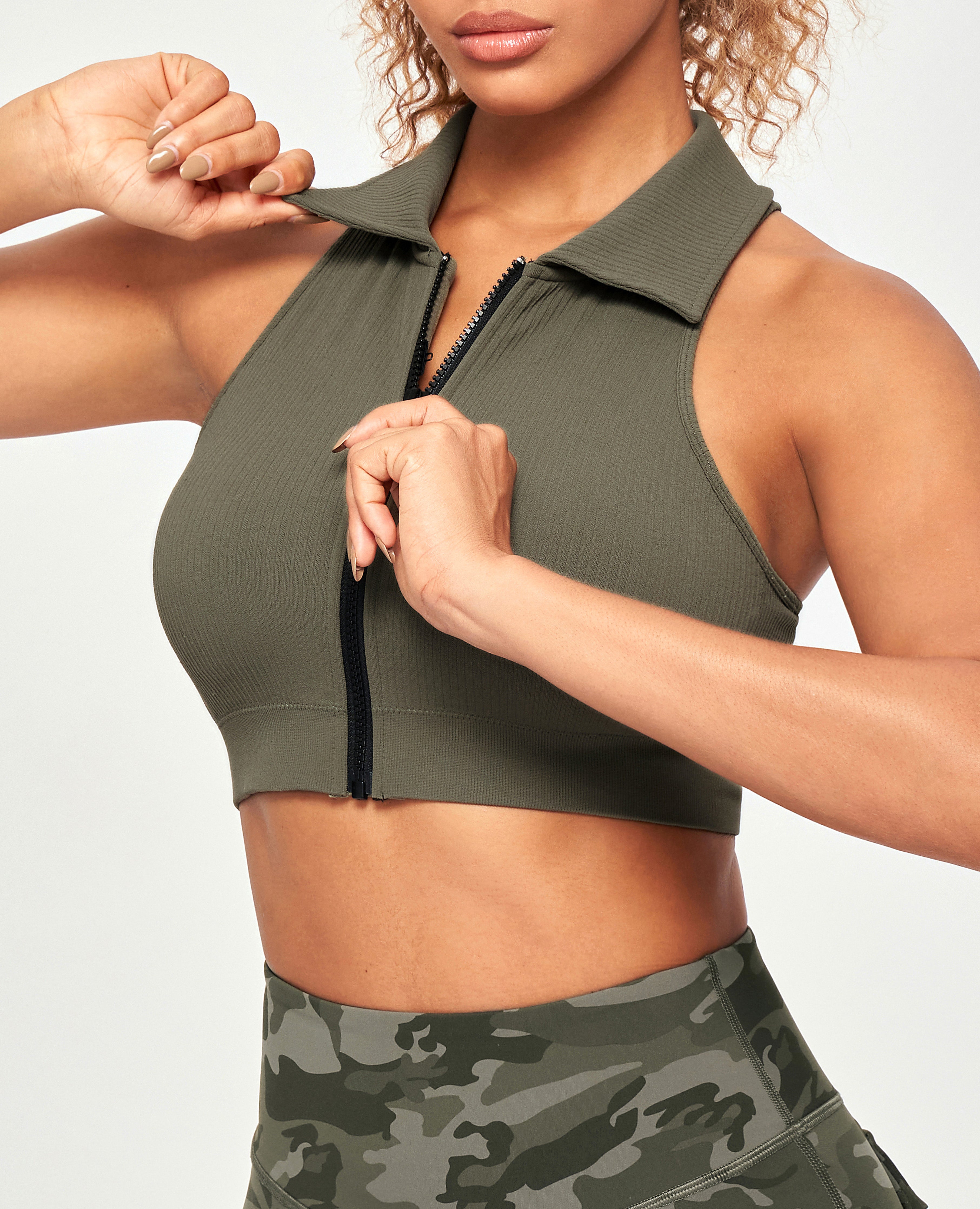 Ribbed Full Zip Padded Tank Top - Olive Green