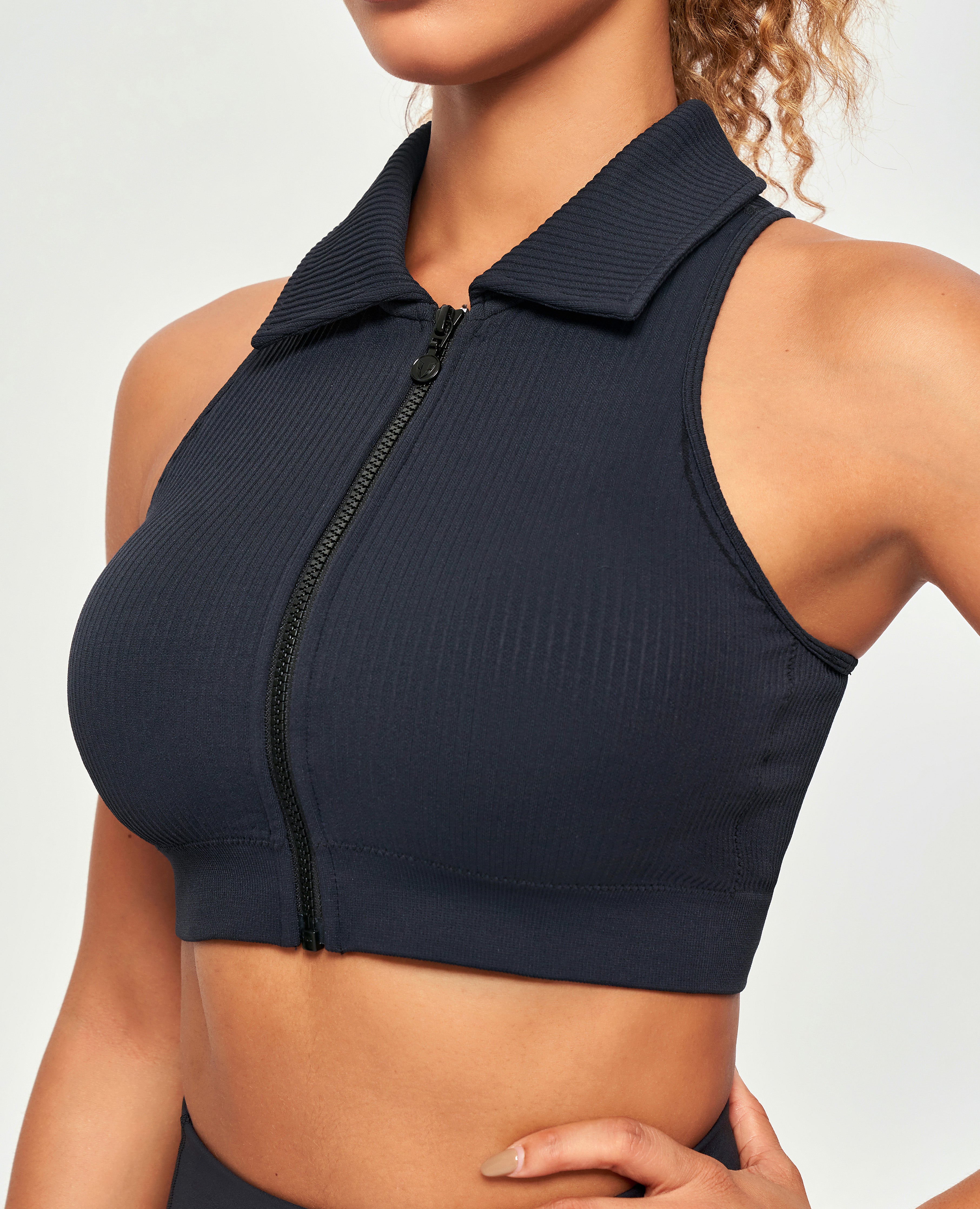 Ribbed Full Zip Padded Tank Top - Black