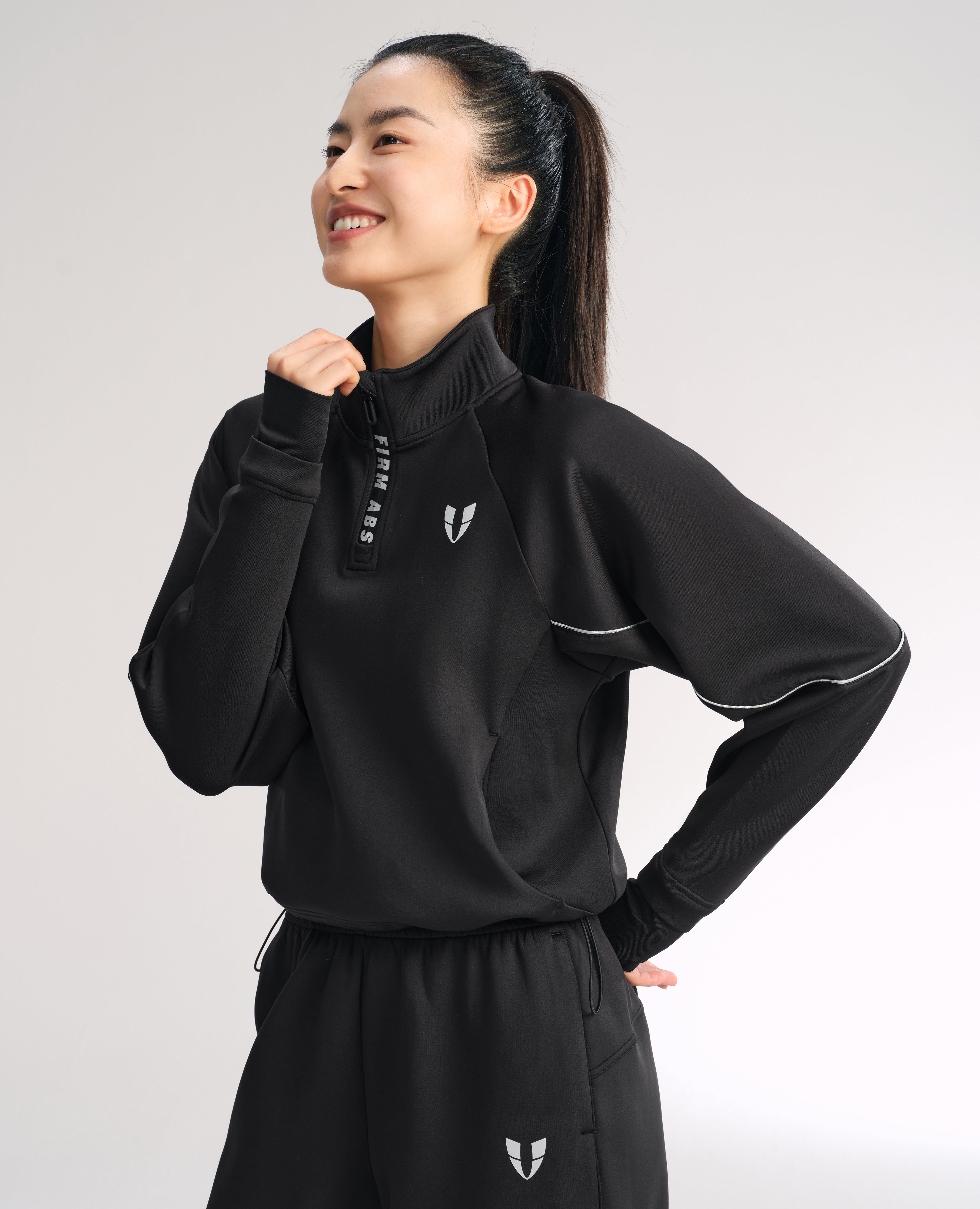 Stand Collar Half Zip Drawstring Athletic Pullover - Black