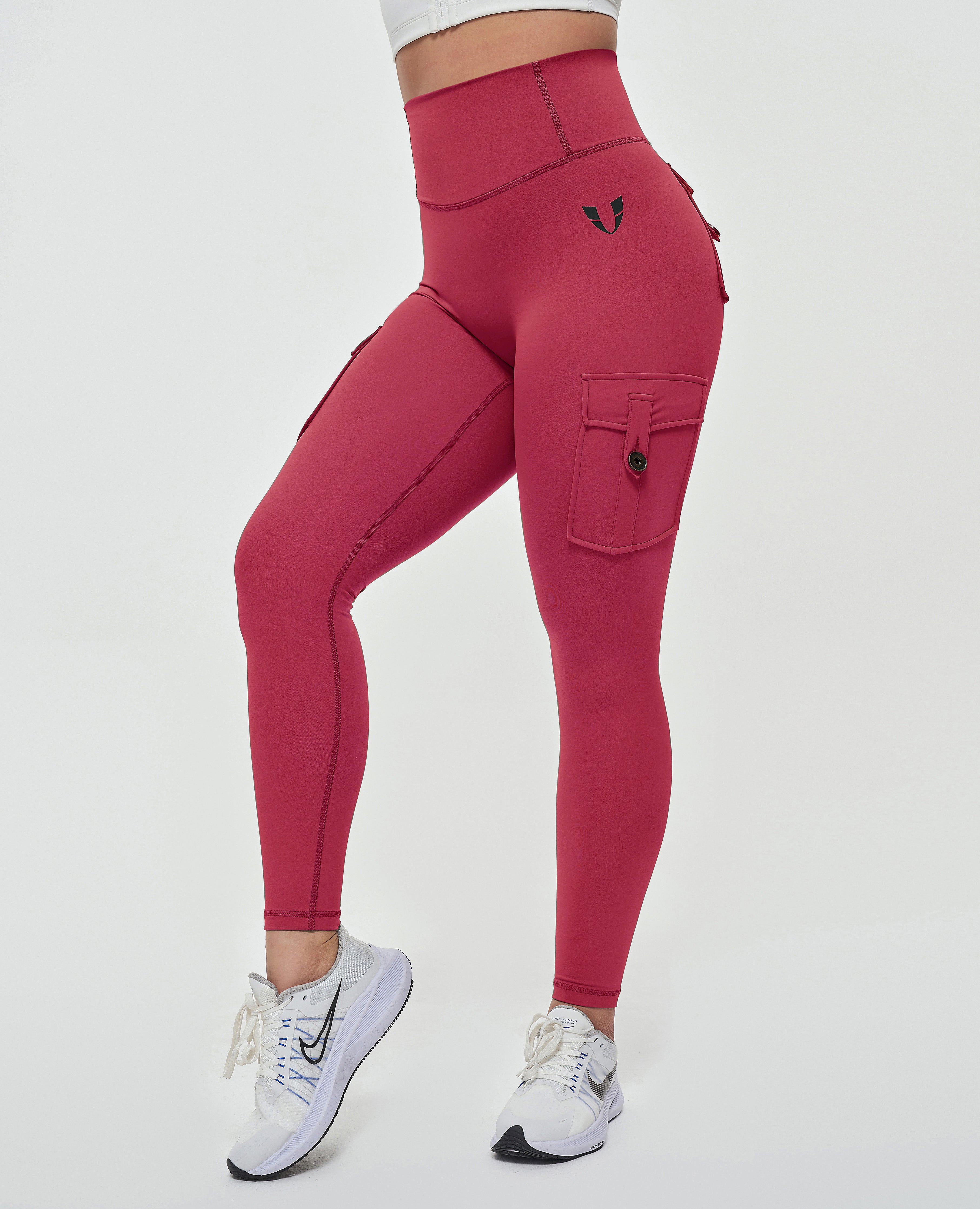 High Waisted Cargo Leggings Cherry Red