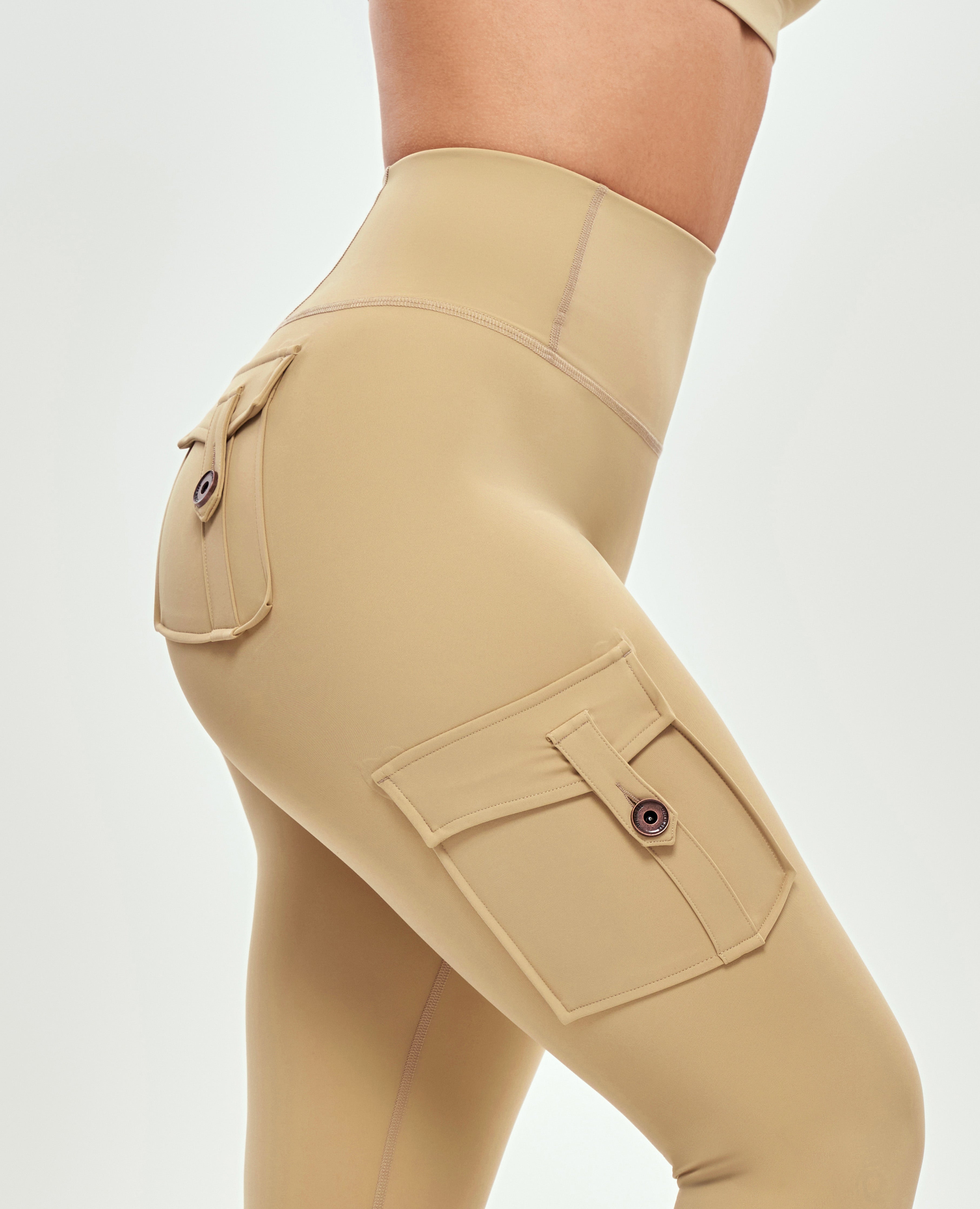 High Waisted Cargo Leggings - Khaki Yellow