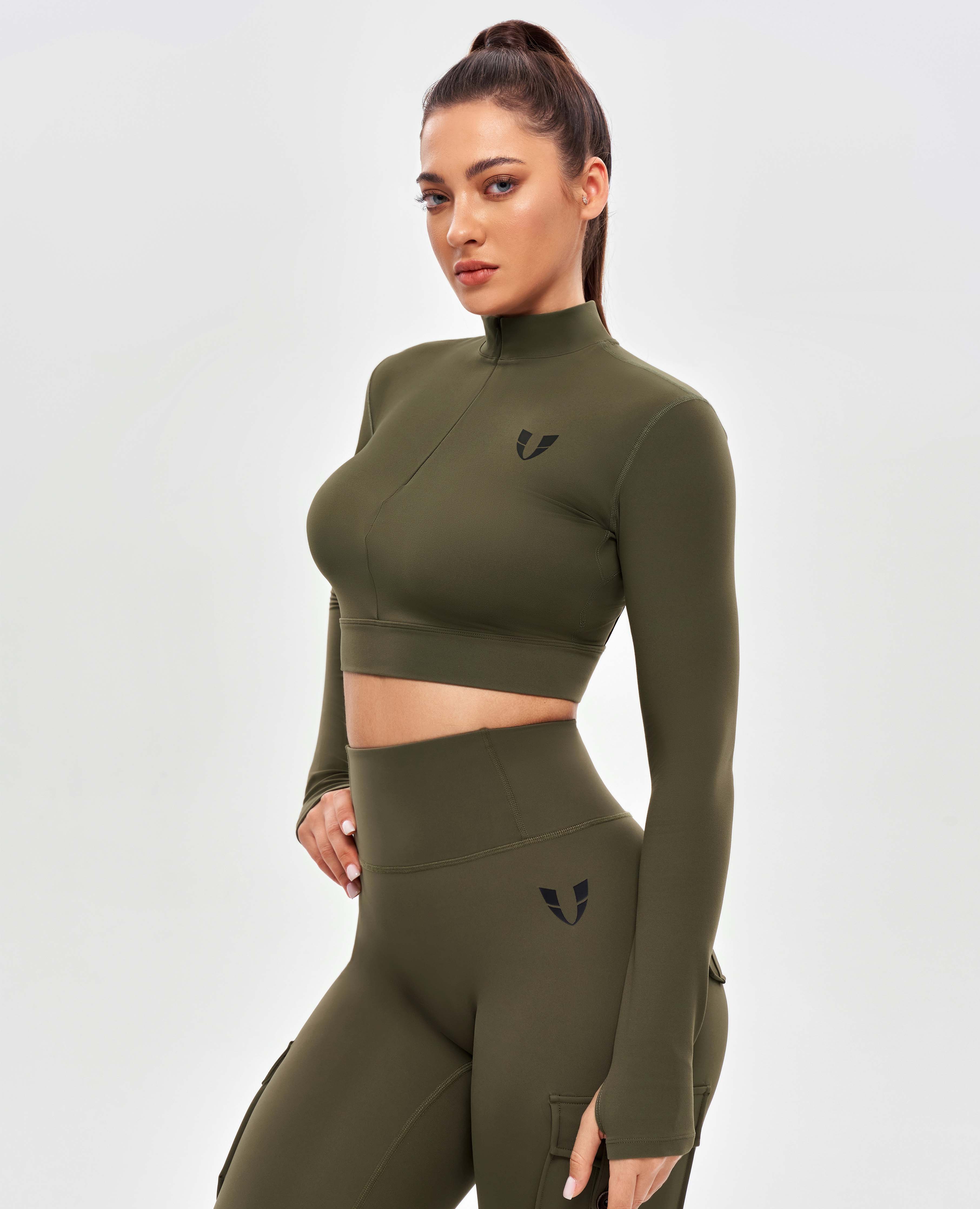 Stand Collar Crop Top - Combat Green