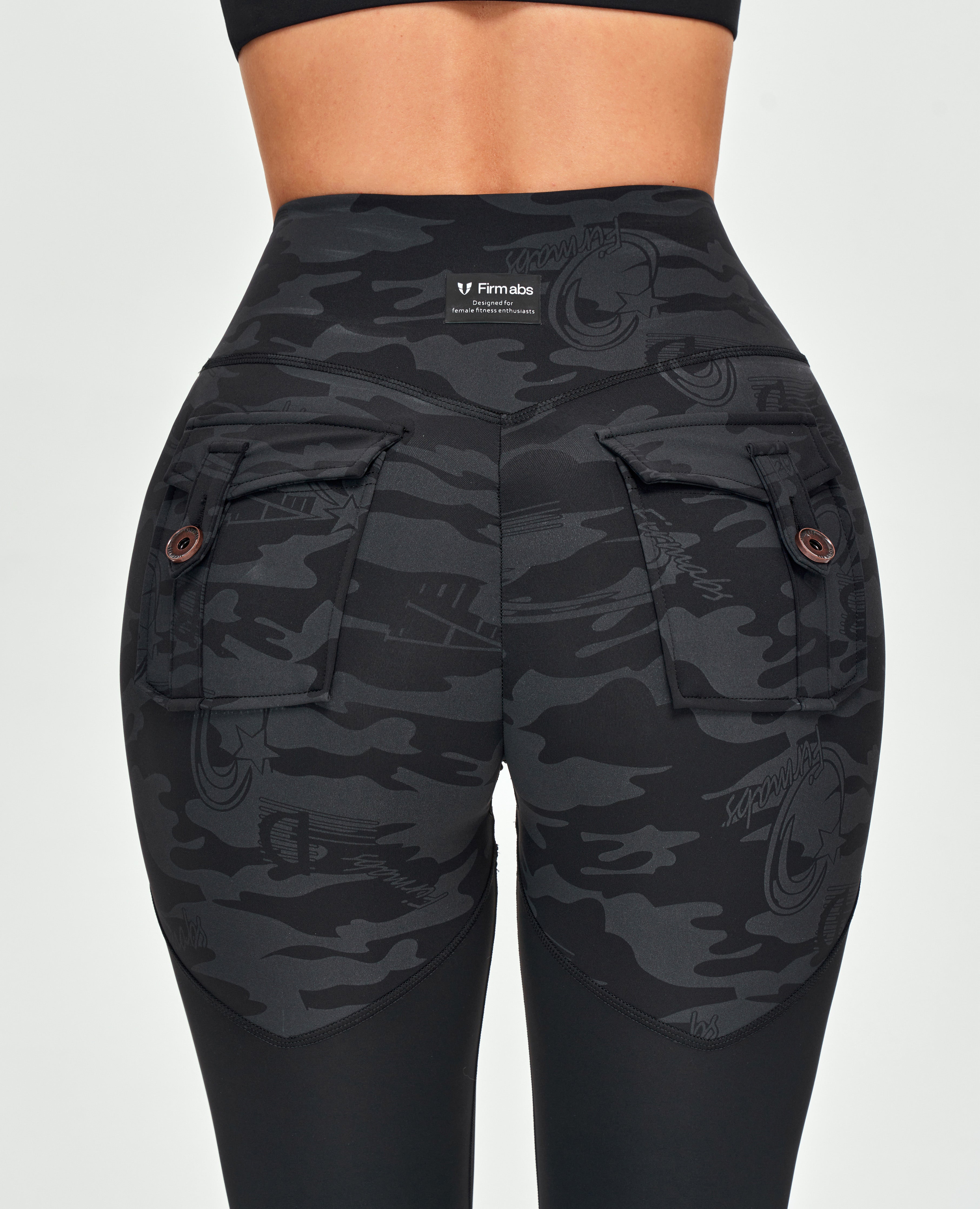 V-waist Gym Leggings - Black Gray Camo