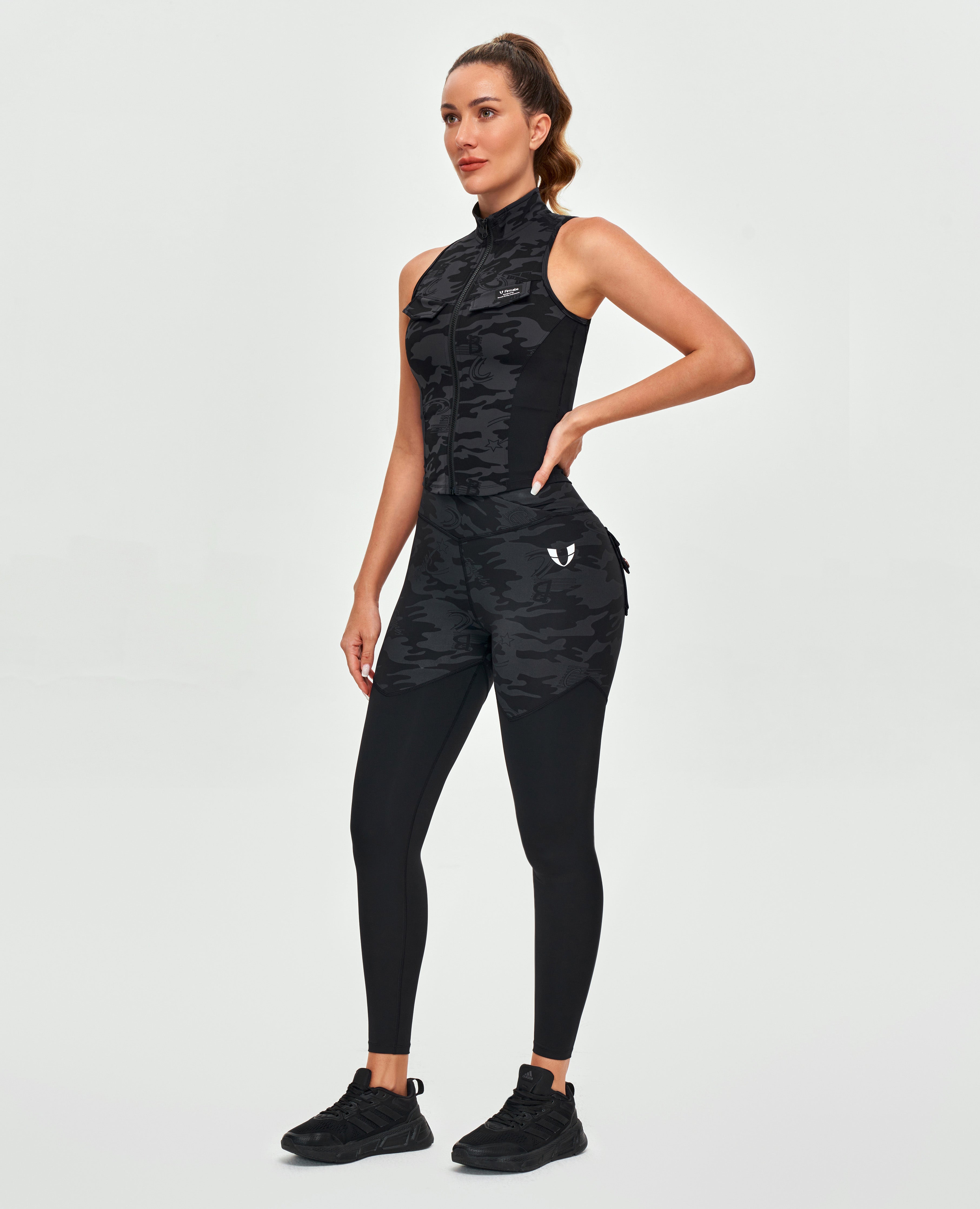 Leggings deportivos con cintura en V - Camuflaje gris negro